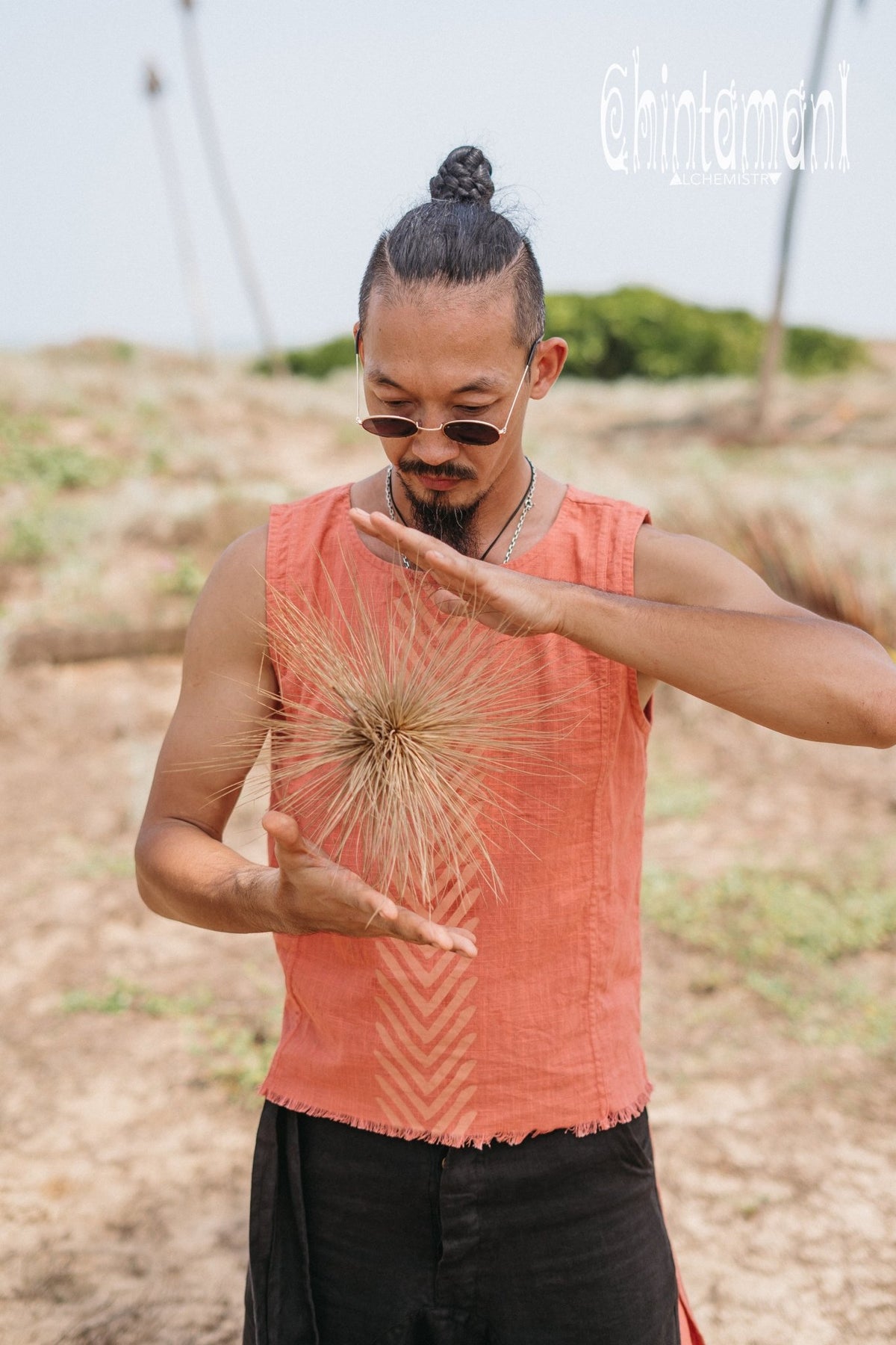Organic Mens Frock Top with Corners Print / Salmon Red - ChintamaniAlchemi