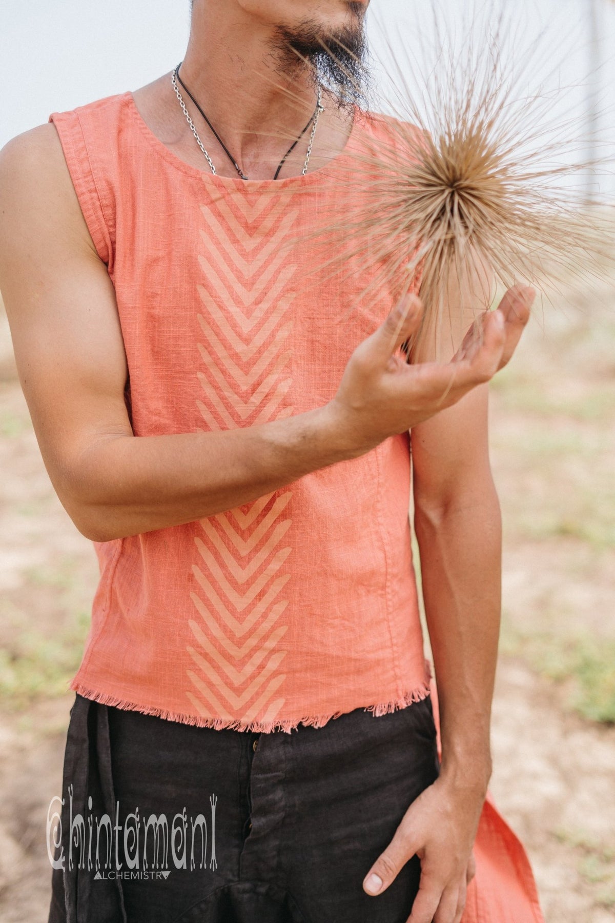 Organic Mens Frock Top with Corners Print / Salmon Red - ChintamaniAlchemi