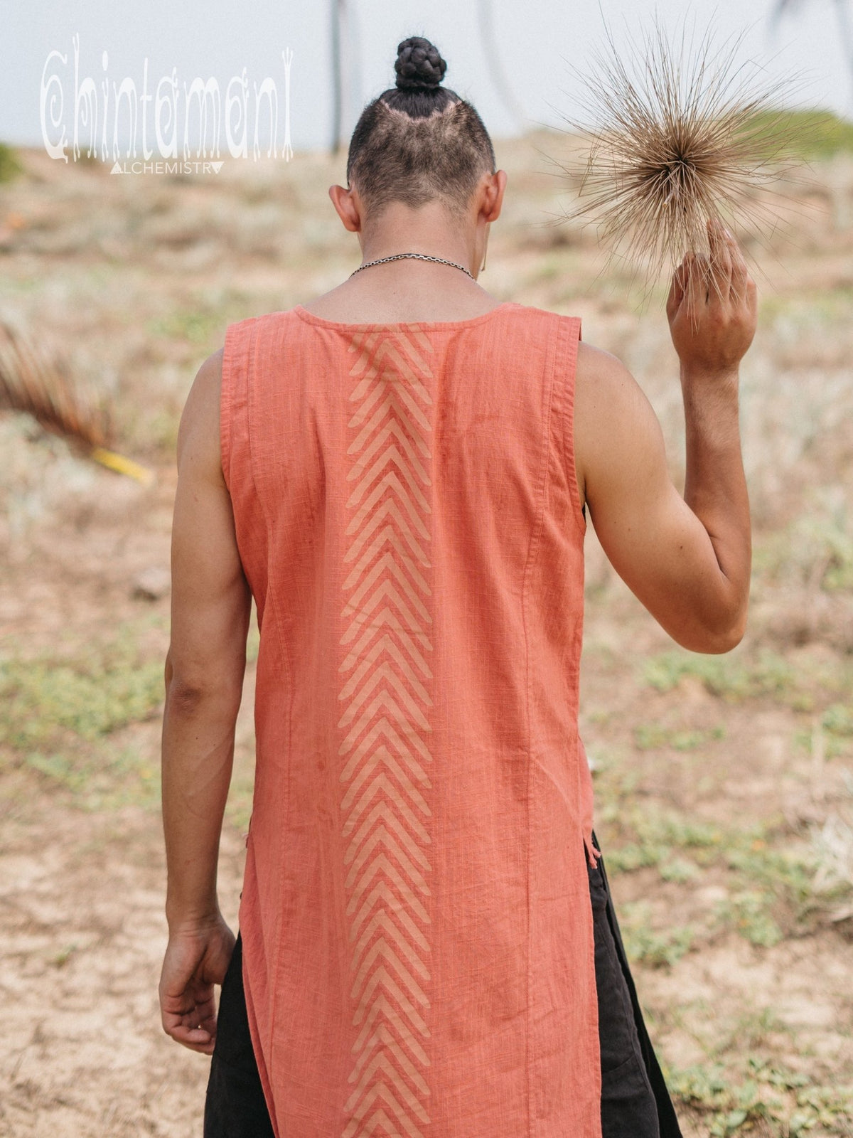 Organic Mens Frock Top with Corners Print / Salmon Red - ChintamaniAlchemi
