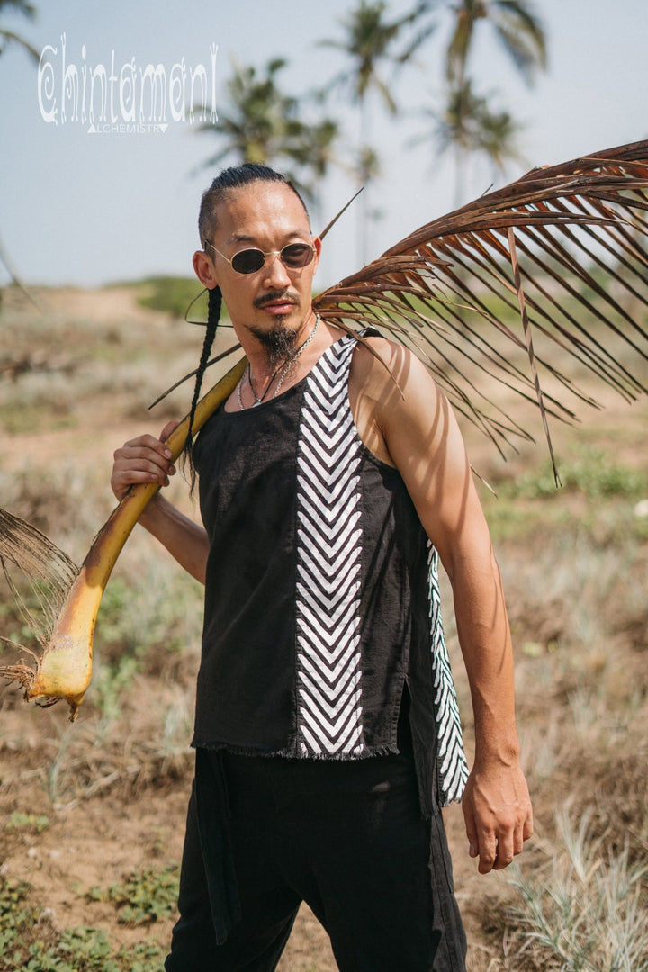 Organic Mens Vest Top with Corners Print / Black - ChintamaniAlchemi