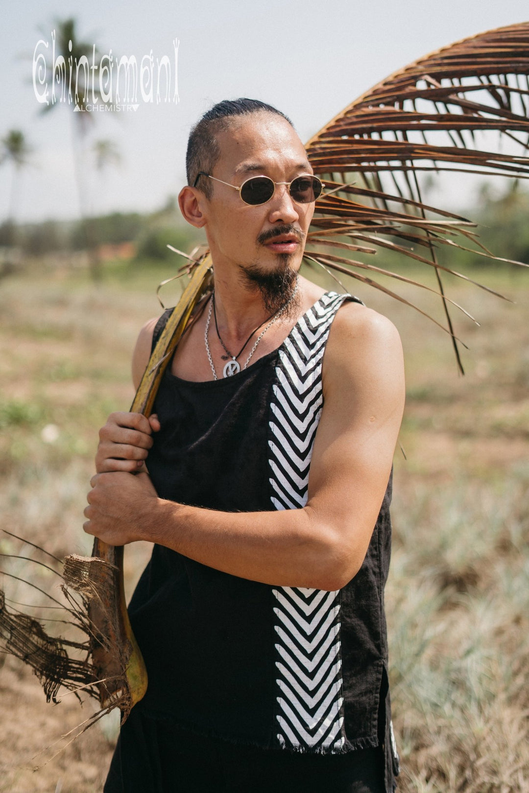 Organic Mens Vest Top with Corners Print / Black - ChintamaniAlchemi