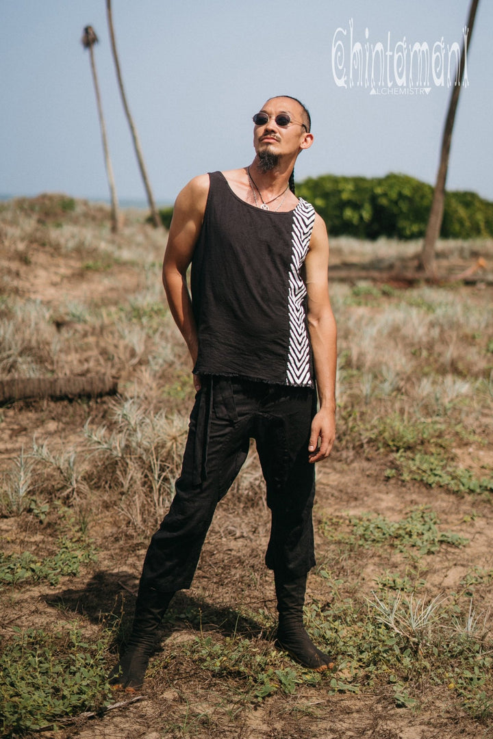 Organic Mens Vest Top with Corners Print / Black - ChintamaniAlchemi