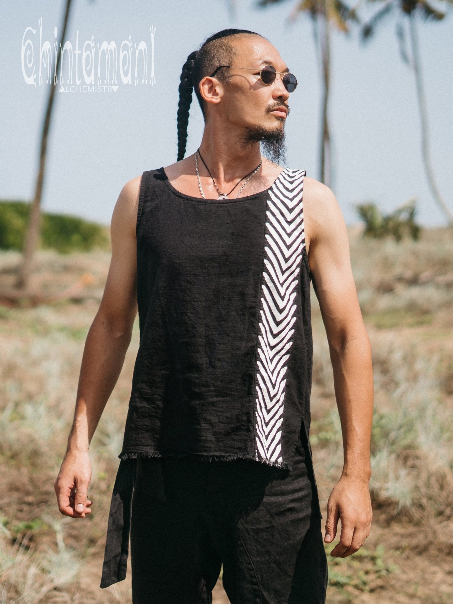 Organic Mens Vest Top with Corners Print / Black - ChintamaniAlchemi