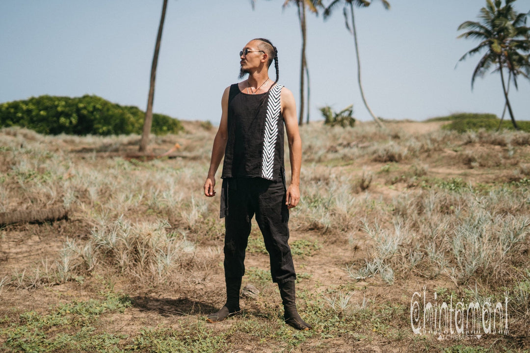 Organic Mens Vest Top with Corners Print / Black - ChintamaniAlchemi