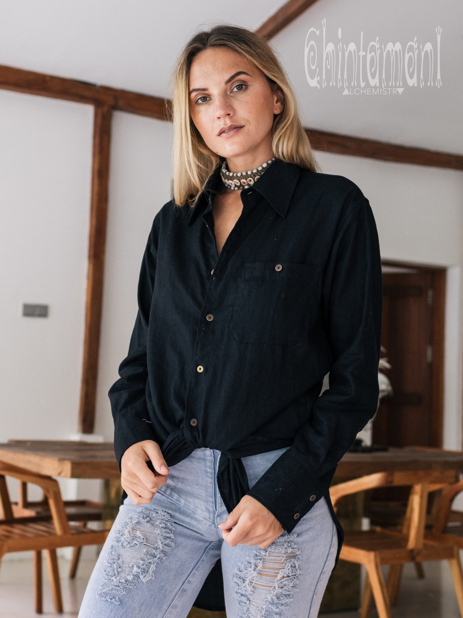 Oversized Linen & Silk Button Shirt for Women / Black - ChintamaniAlchemi