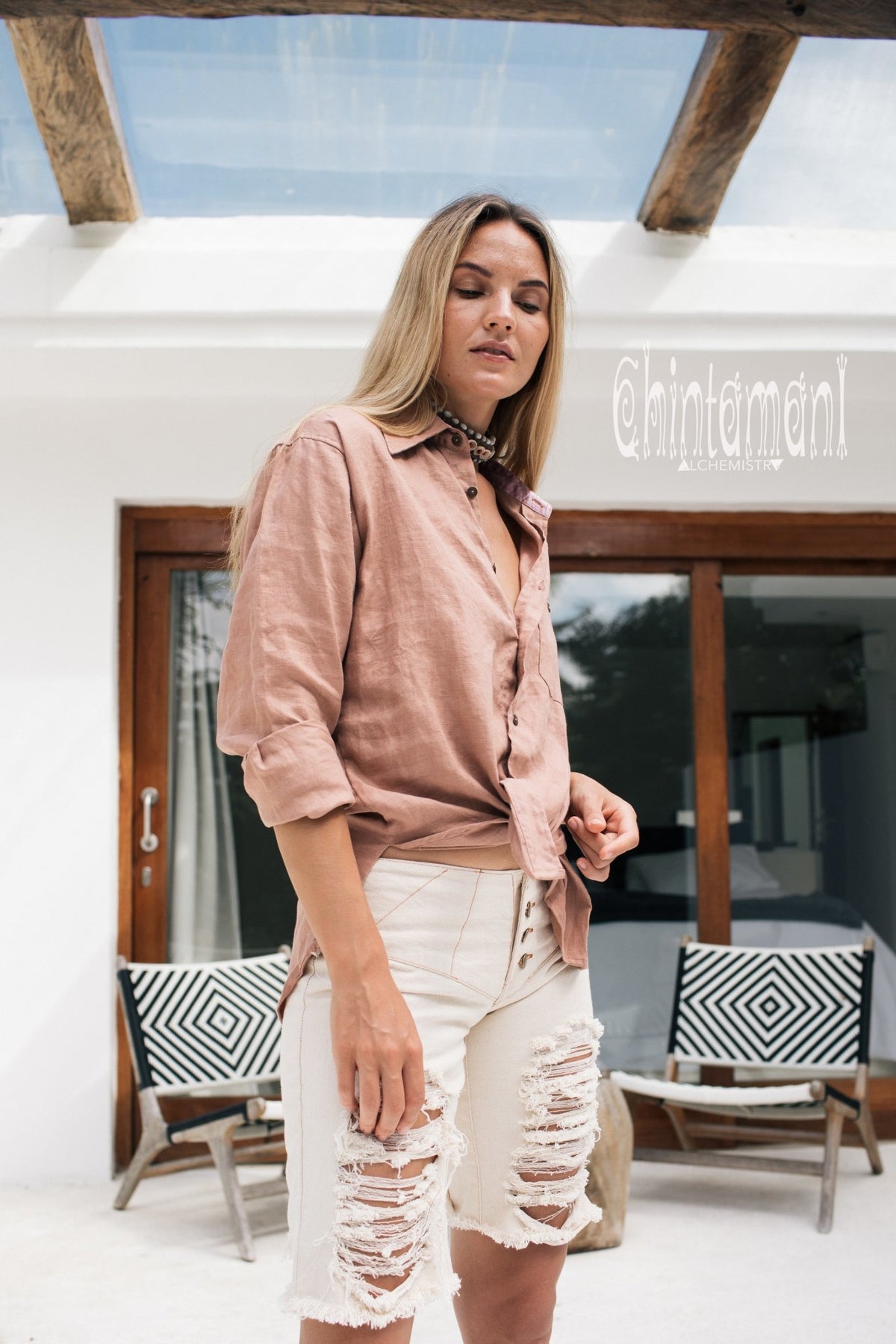 Oversized Linen &amp; Silk Button Shirt for Women / Dusty Rose - ChintamaniAlchemi