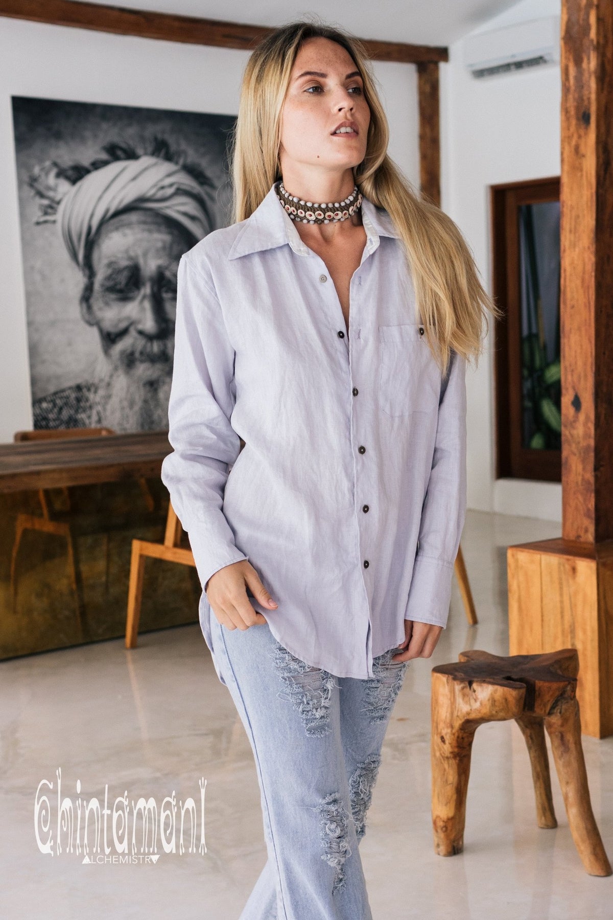 Oversized Linen &amp; Silk Button Shirt for Women / Gray - ChintamaniAlchemi