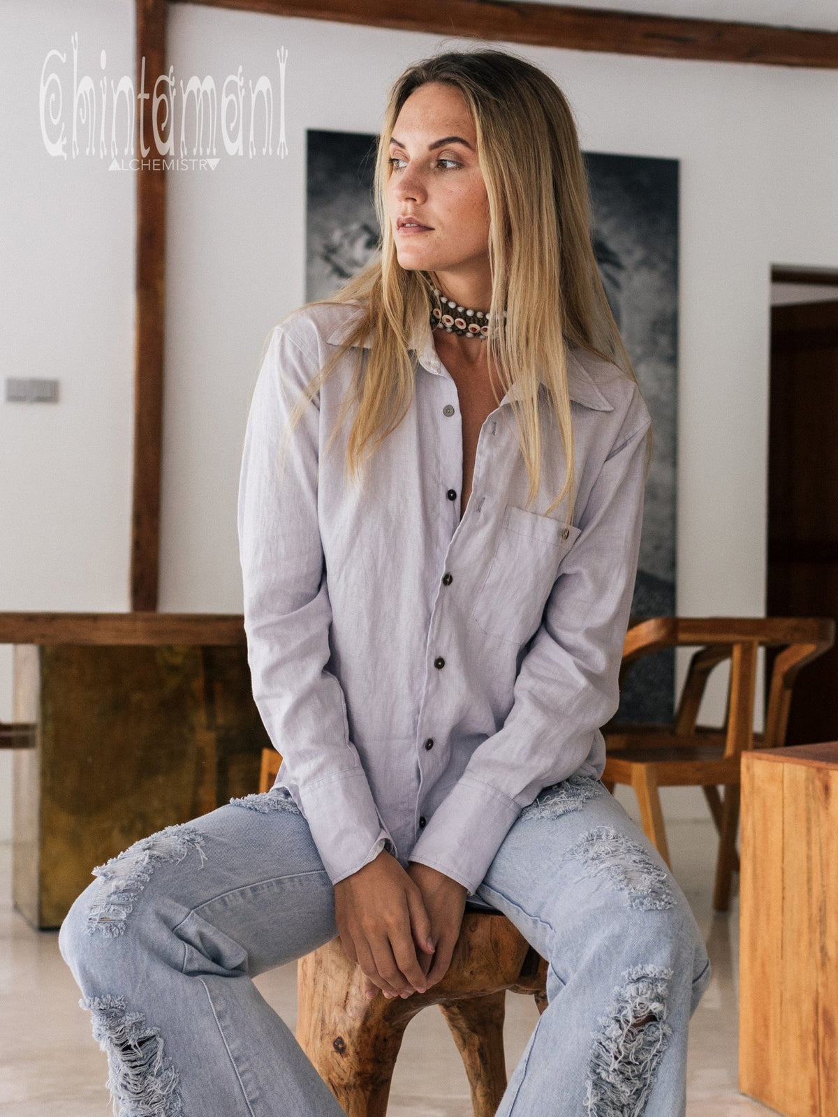 Oversized Linen &amp; Silk Button Shirt for Women / Gray - ChintamaniAlchemi