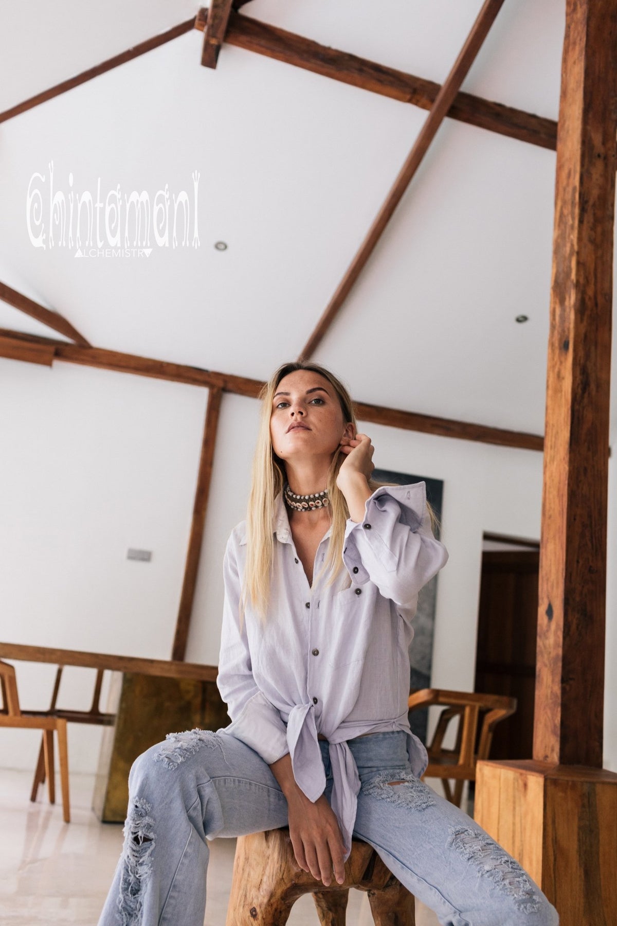 Oversized Linen &amp; Silk Button Shirt for Women / Gray - ChintamaniAlchemi