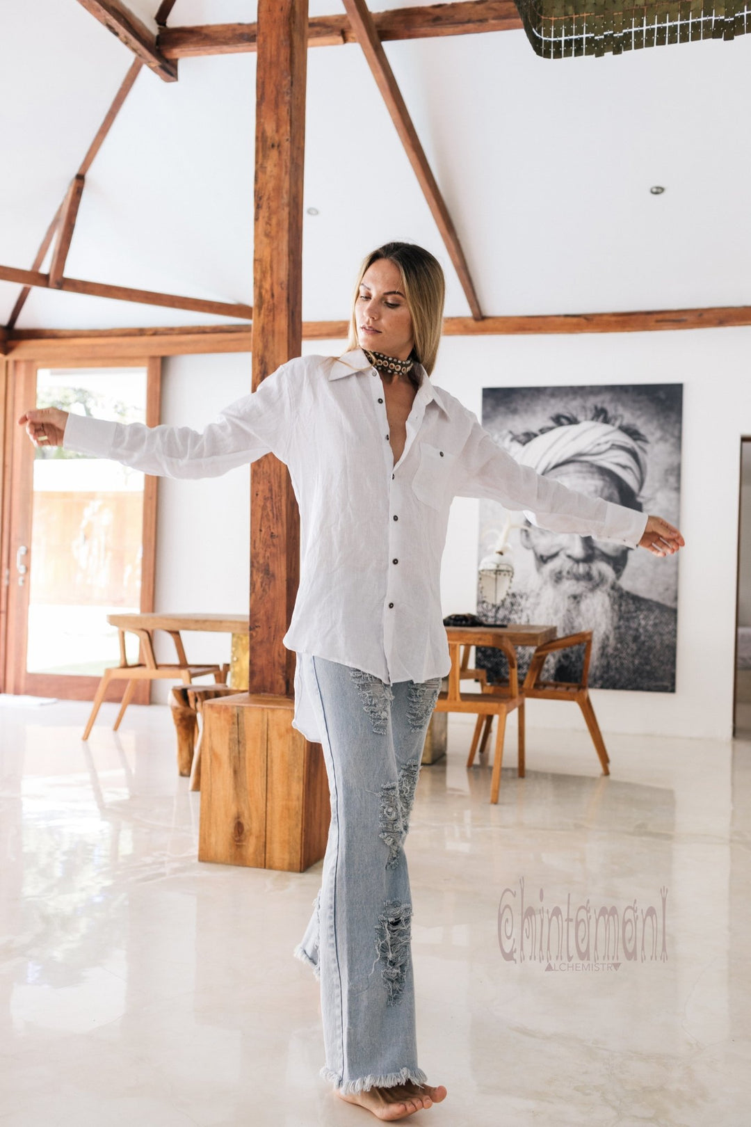 Oversized Linen & Silk Button Shirt for Women / White - ChintamaniAlchemi