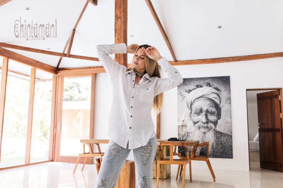 Oversized Linen & Silk Button Shirt for Women / White - ChintamaniAlchemi