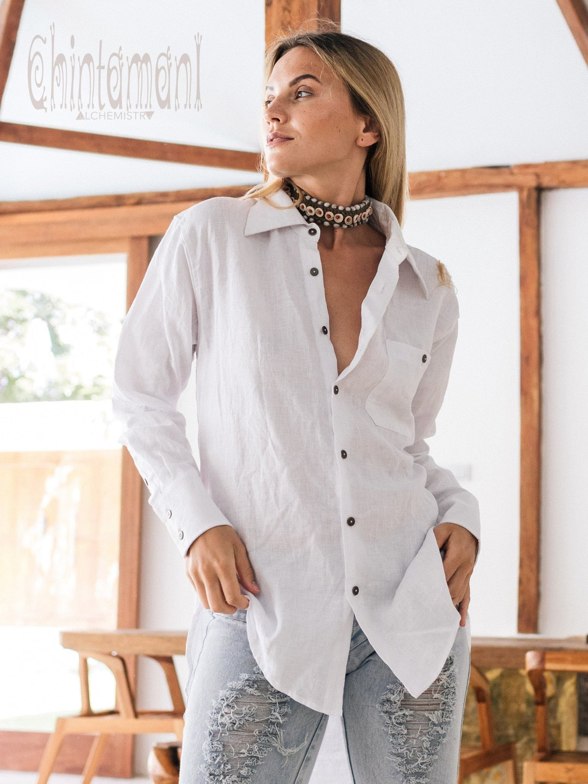 Oversized Linen &amp; Silk Button Shirt for Women / White - ChintamaniAlchemi