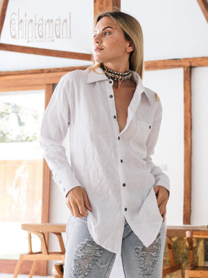 Oversized Linen & Silk Button Shirt for Women / White - ChintamaniAlchemi