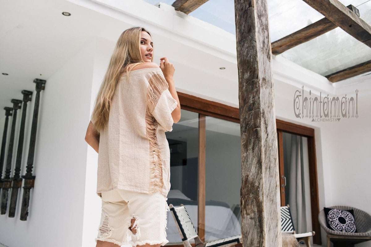 Oversized Raw Cotton Boho Top / Ripped Tshirt / Beige - ChintamaniAlchemi