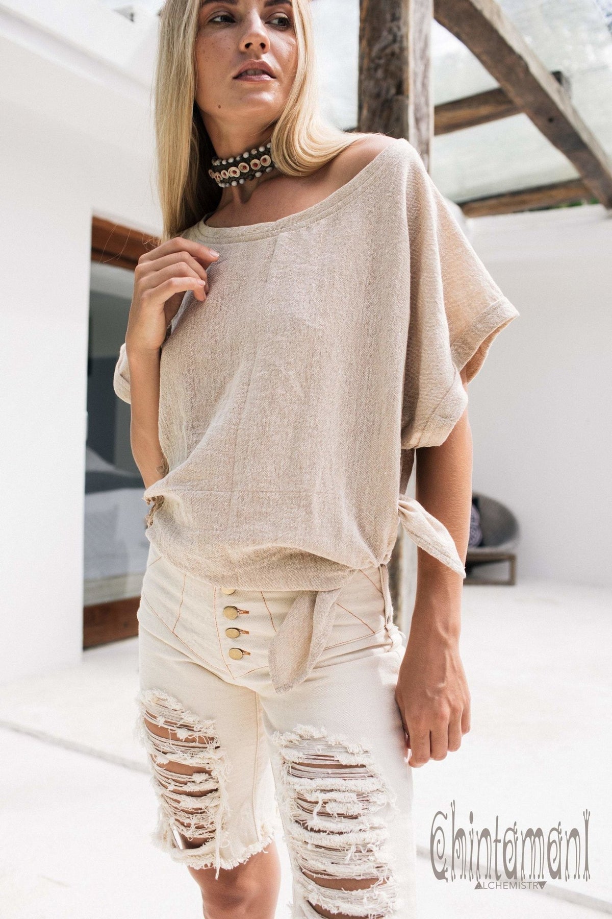 Oversized Raw Cotton Boho Top / Ripped Tshirt / Beige - ChintamaniAlchemi