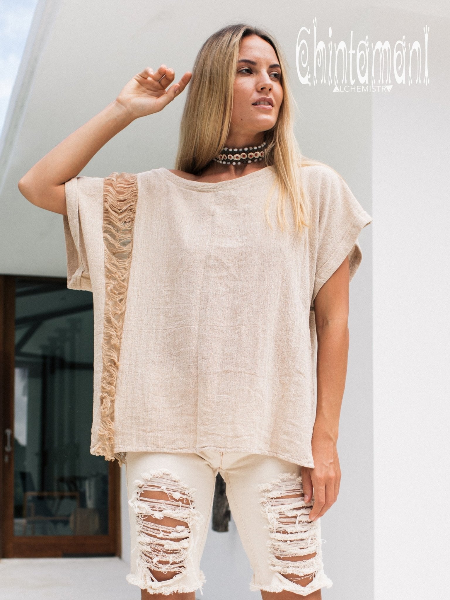 Oversized Raw Cotton Boho Top / Ripped Tshirt / Beige - ChintamaniAlchemi