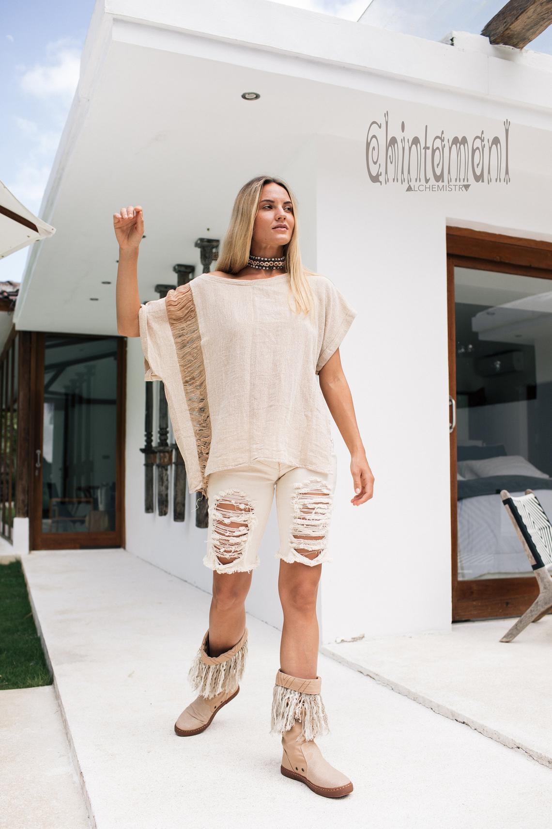 Oversized Raw Cotton Boho Top / Ripped Tshirt / Beige - ChintamaniAlchemi