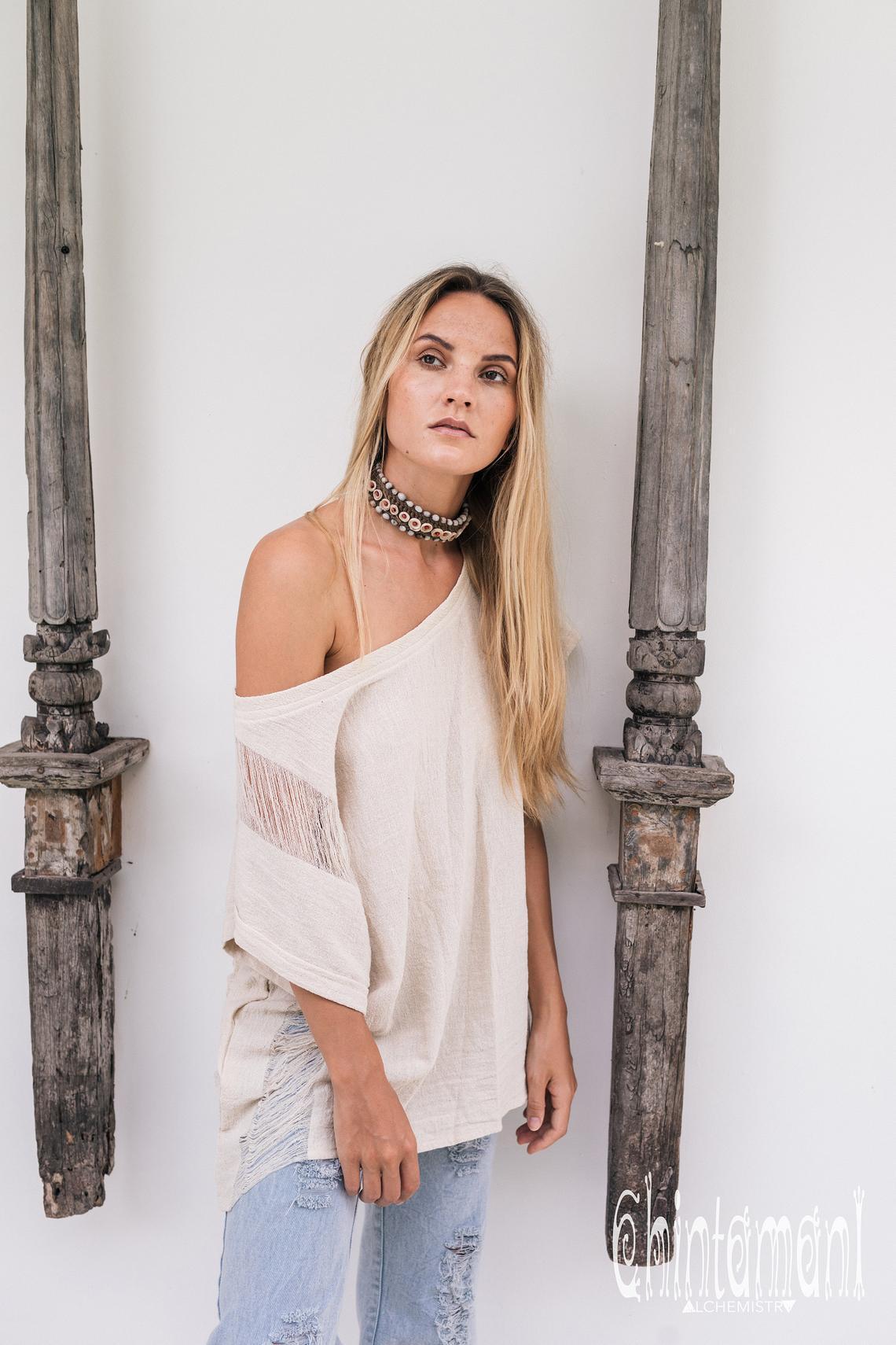 Oversized Raw Cotton Boho Top / Ripped Tshirt / Off White - ChintamaniAlchemi