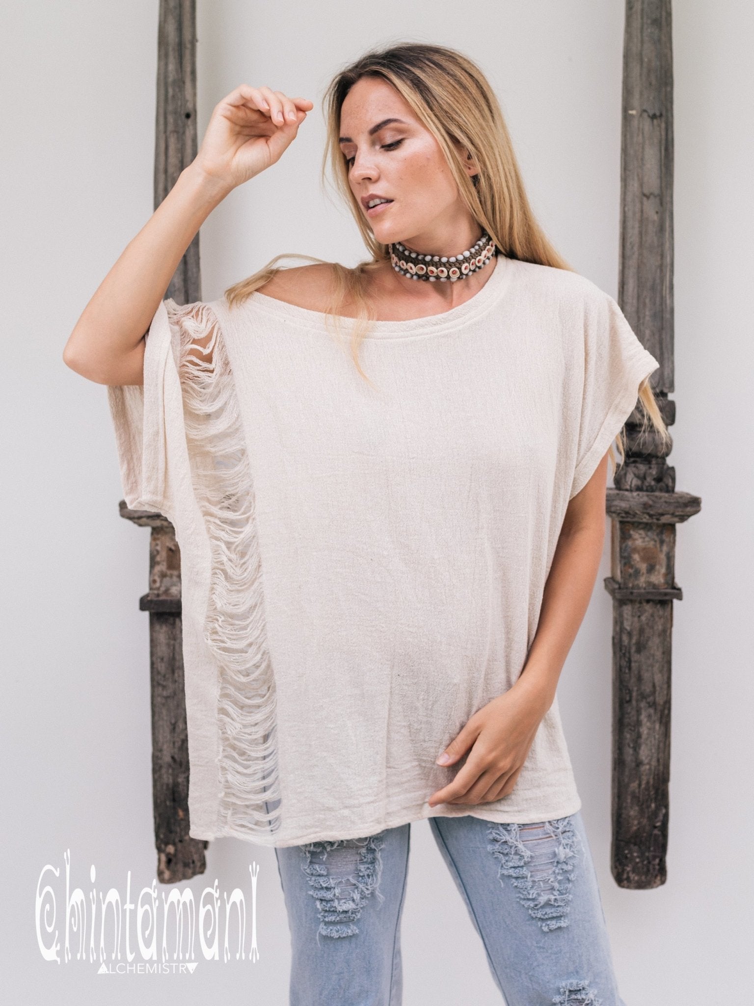 Oversized Raw Cotton Boho Top / Ripped Tshirt / Off White - ChintamaniAlchemi