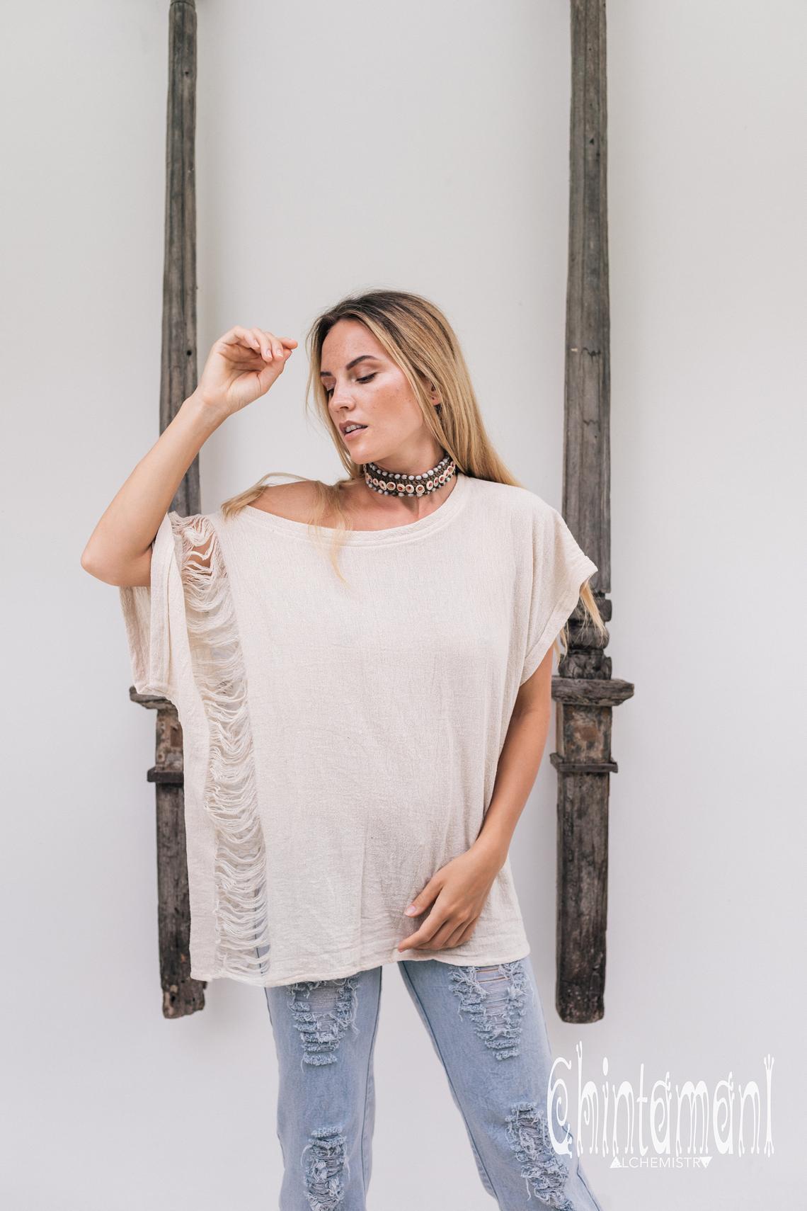 Oversized Raw Cotton Boho Top / Ripped Tshirt / Off White - ChintamaniAlchemi