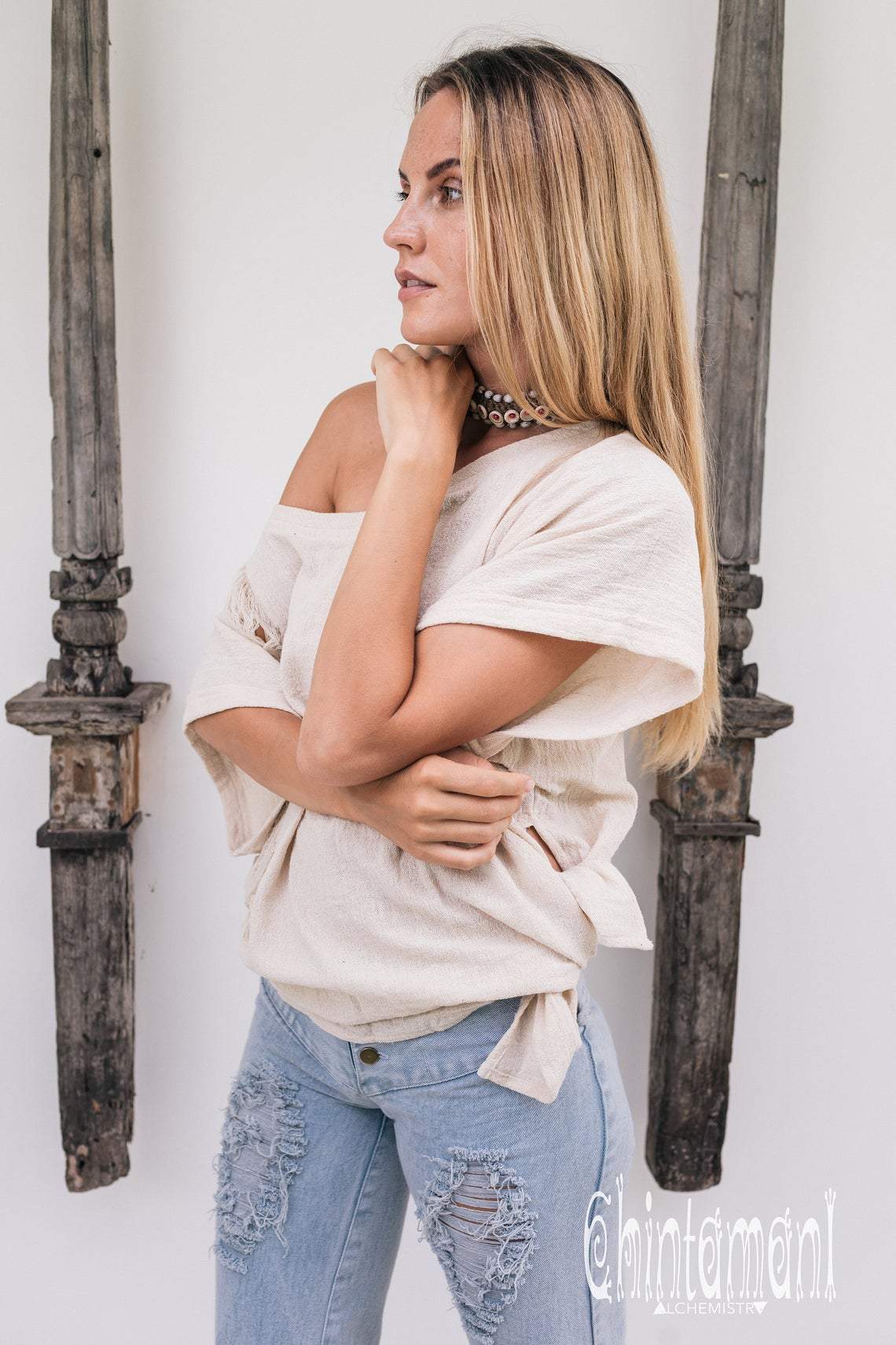 Oversized Raw Cotton Boho Top / Ripped Tshirt / Off White - ChintamaniAlchemi