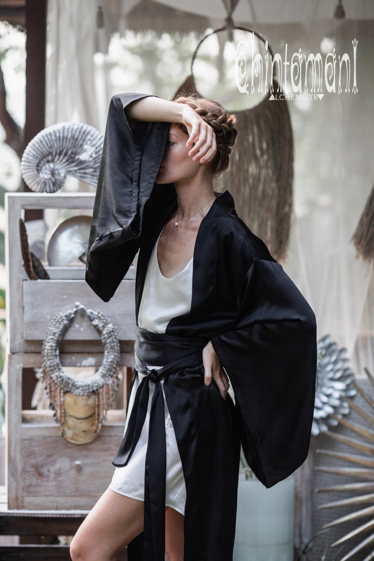 Pure Silk Kimono Cardigan for Woman / Natural Silk Wrap Robe with Belt / Black - ChintamaniAlchemi