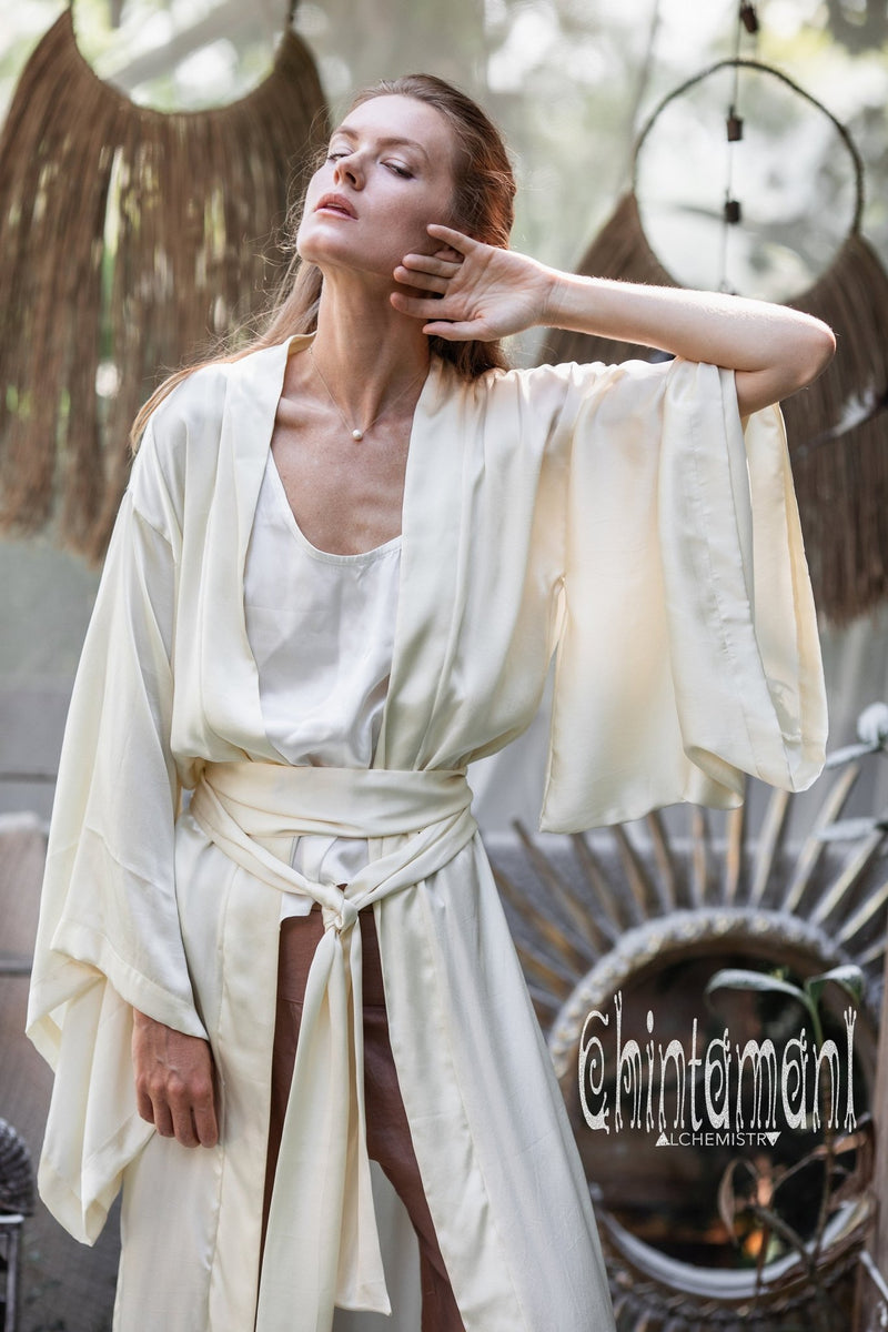 Pure Silk Kimono Cardigan for Woman / Natural Silk Wrap Robe with Belt / Cream - ChintamaniAlchemi