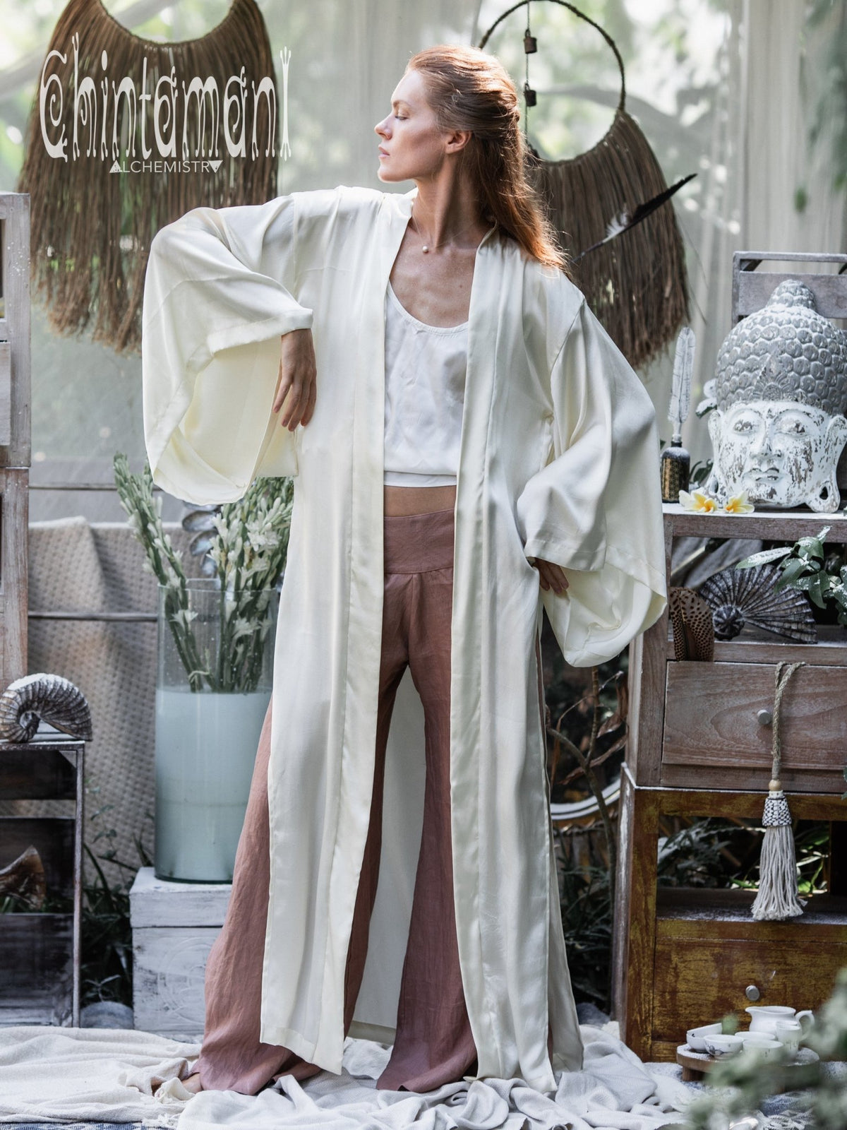 Pure Silk Kimono Cardigan for Woman / Natural Silk Wrap Robe with Belt / Cream - ChintamaniAlchemi