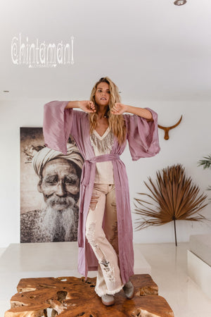 Pure Silk Kimono Cardigan for Woman / Natural Silk Wrap Robe with Belt / Pink - ChintamaniAlchemi