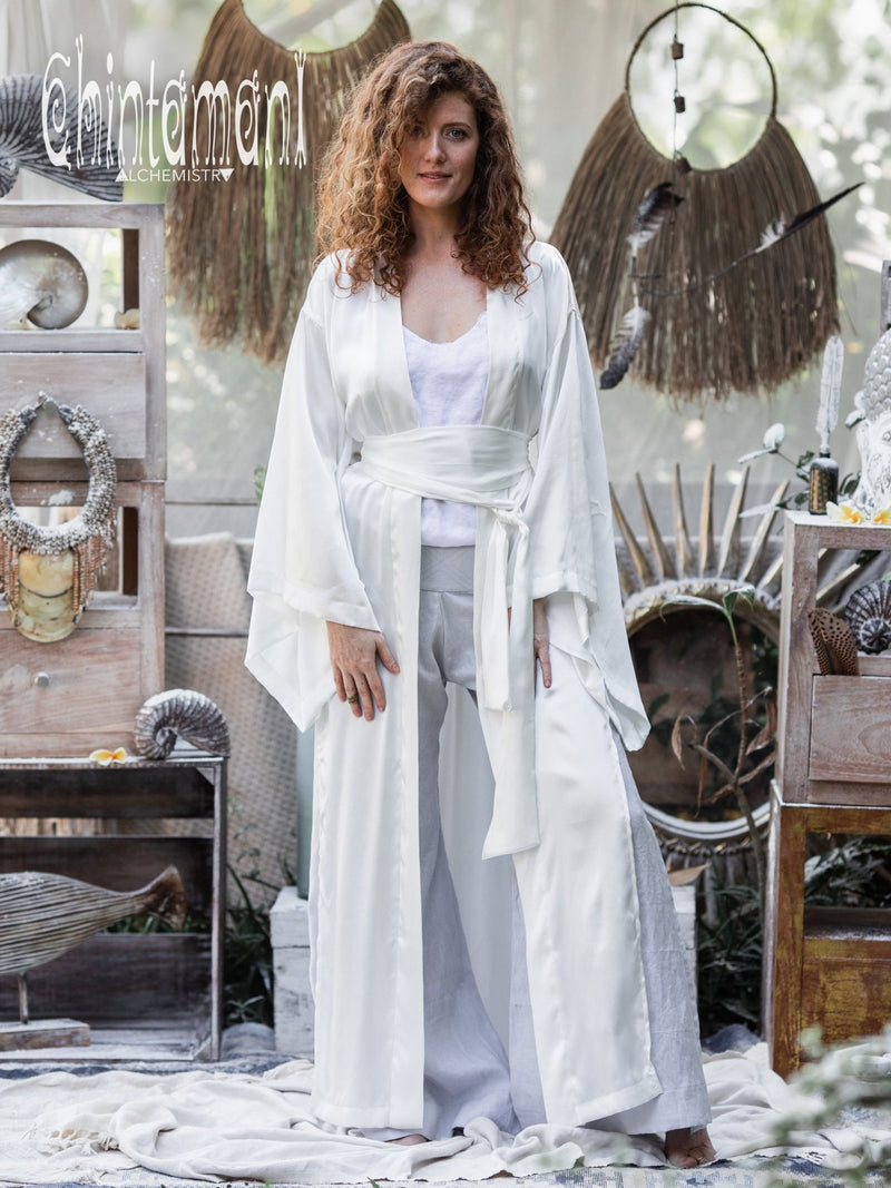 Pure Silk Kimono Cardigan for Woman / Natural Silk Wrap Robe with Belt / White - ChintamaniAlchemi