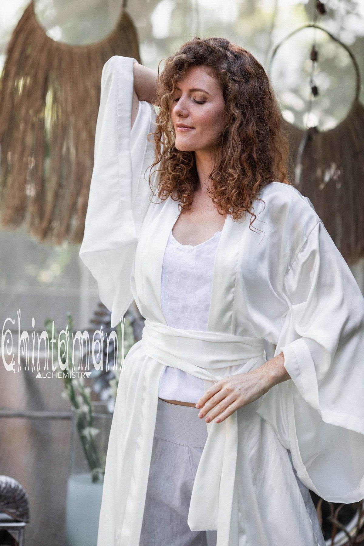 Pure Silk Kimono Cardigan for Woman / Natural Silk Wrap Robe with Belt / White - ChintamaniAlchemi