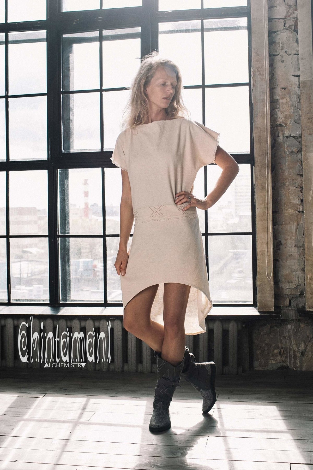 Raw Cotton Asymmetric Boho Dress / Atua Tino / Off White - ChintamaniAlchemi