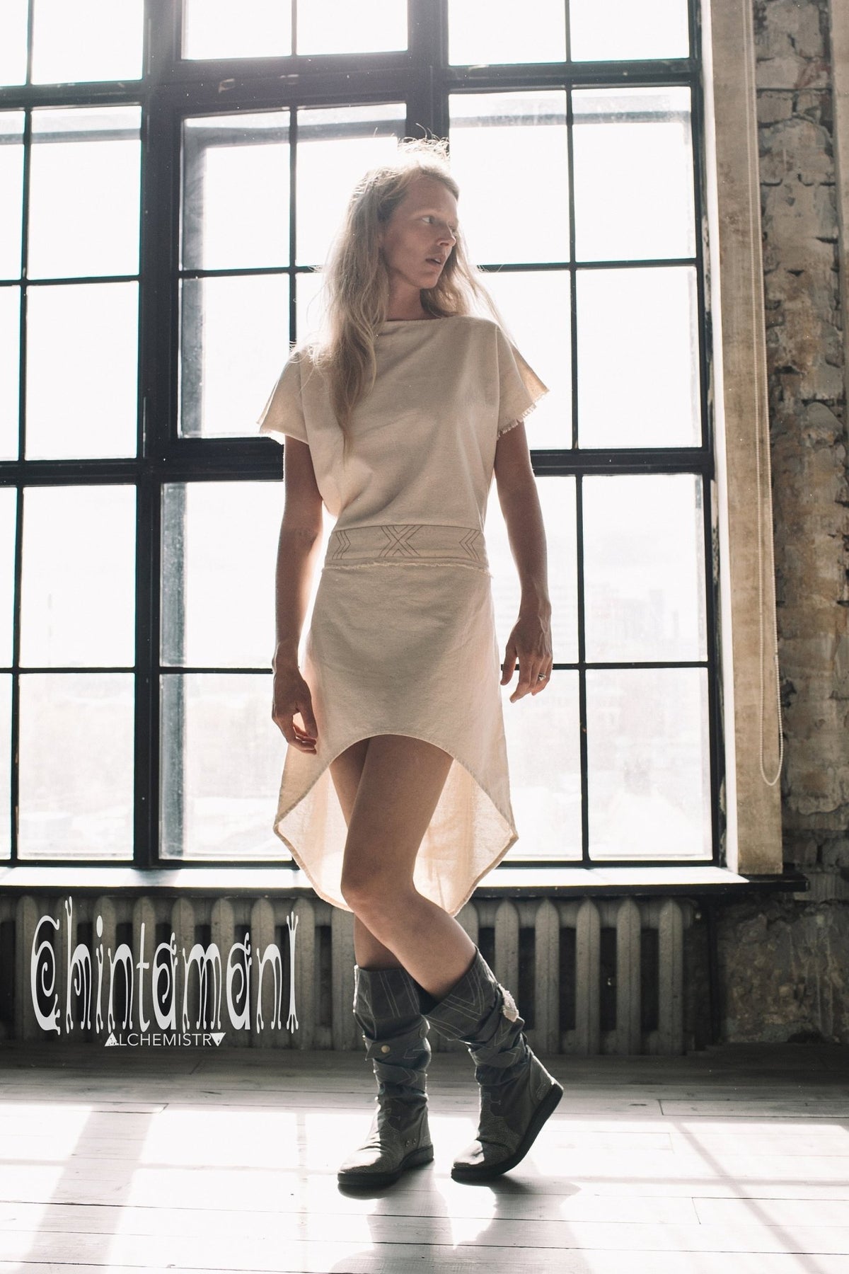 Raw Cotton Asymmetric Boho Dress / Atua Tino / Off White - ChintamaniAlchemi