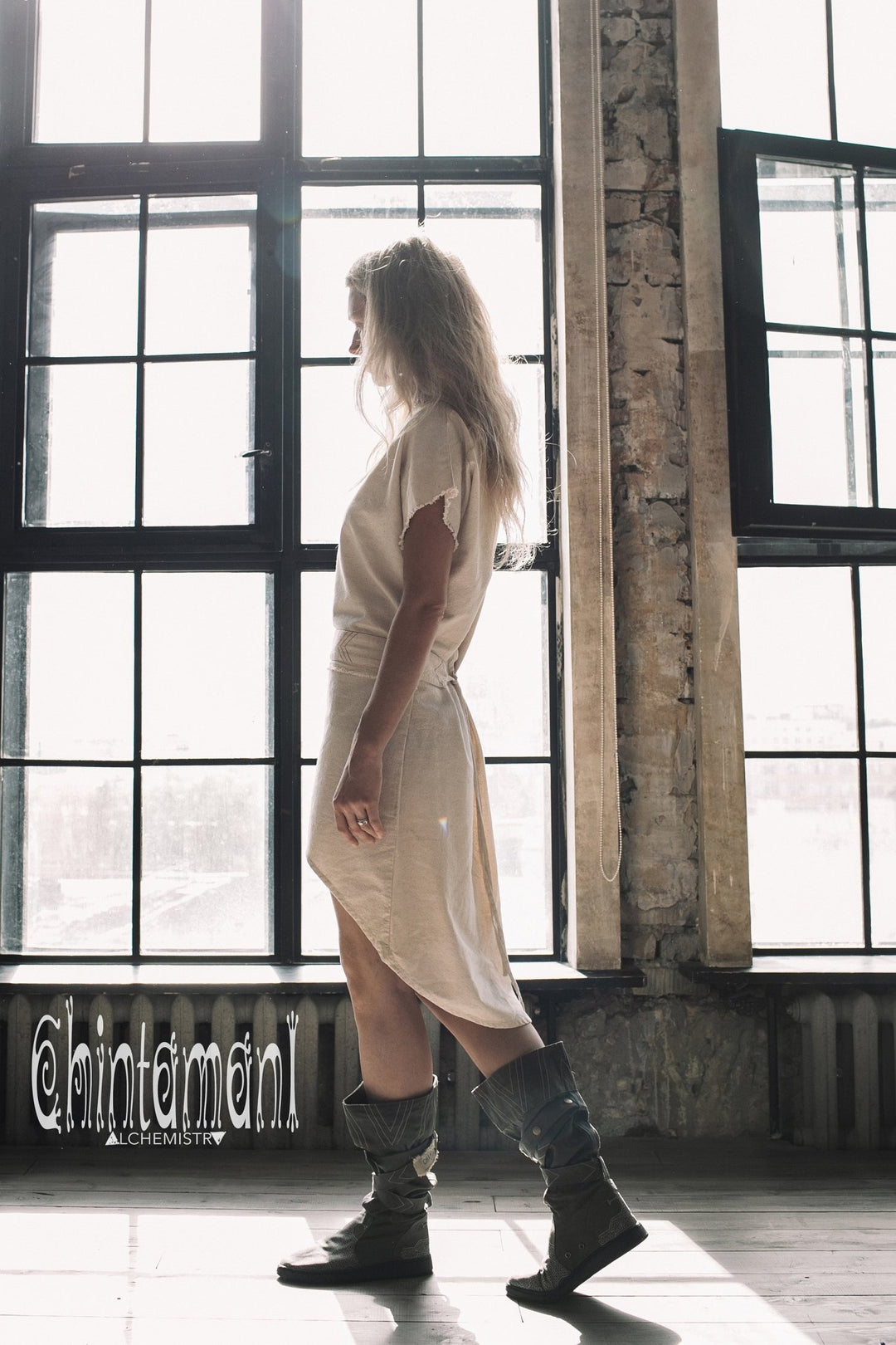 Raw Cotton Asymmetric Boho Dress / Atua Tino / Off White - ChintamaniAlchemi