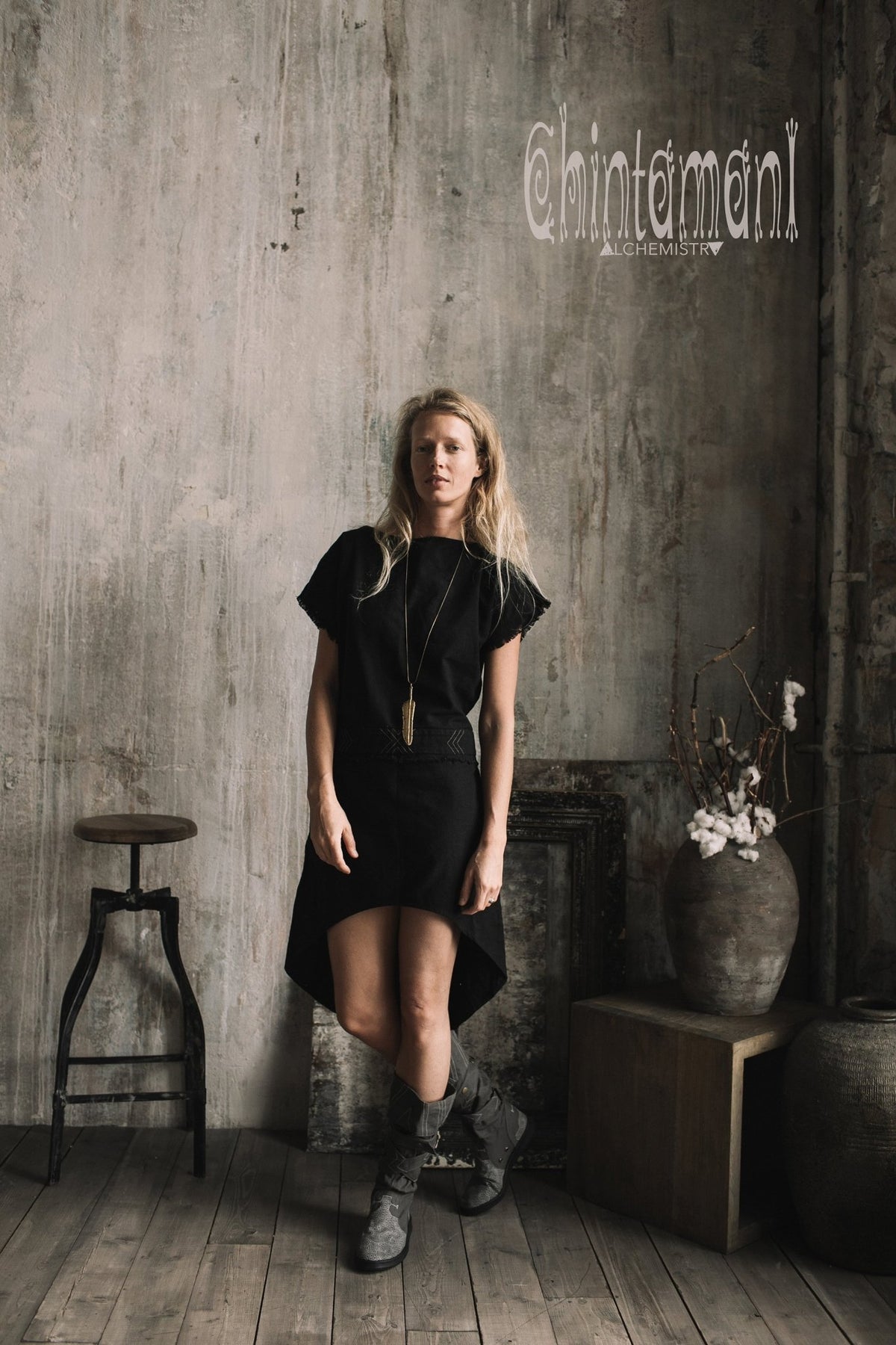 Raw Cotton Asymmetric Mini Dress / Atua Tino / Black - ChintamaniAlchemi