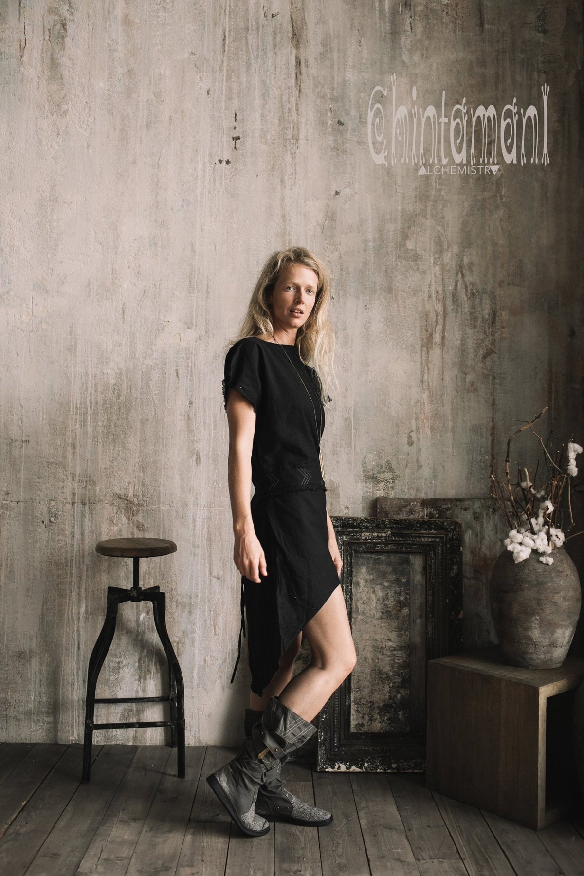 Raw Cotton Asymmetric Mini Dress / Atua Tino / Black - ChintamaniAlchemi