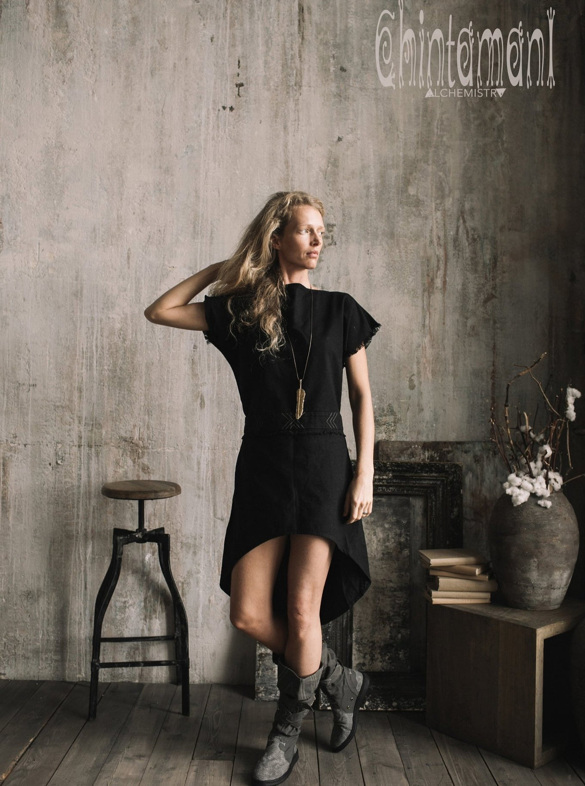 Raw Cotton Asymmetric Mini Dress / Atua Tino / Black - ChintamaniAlchemi