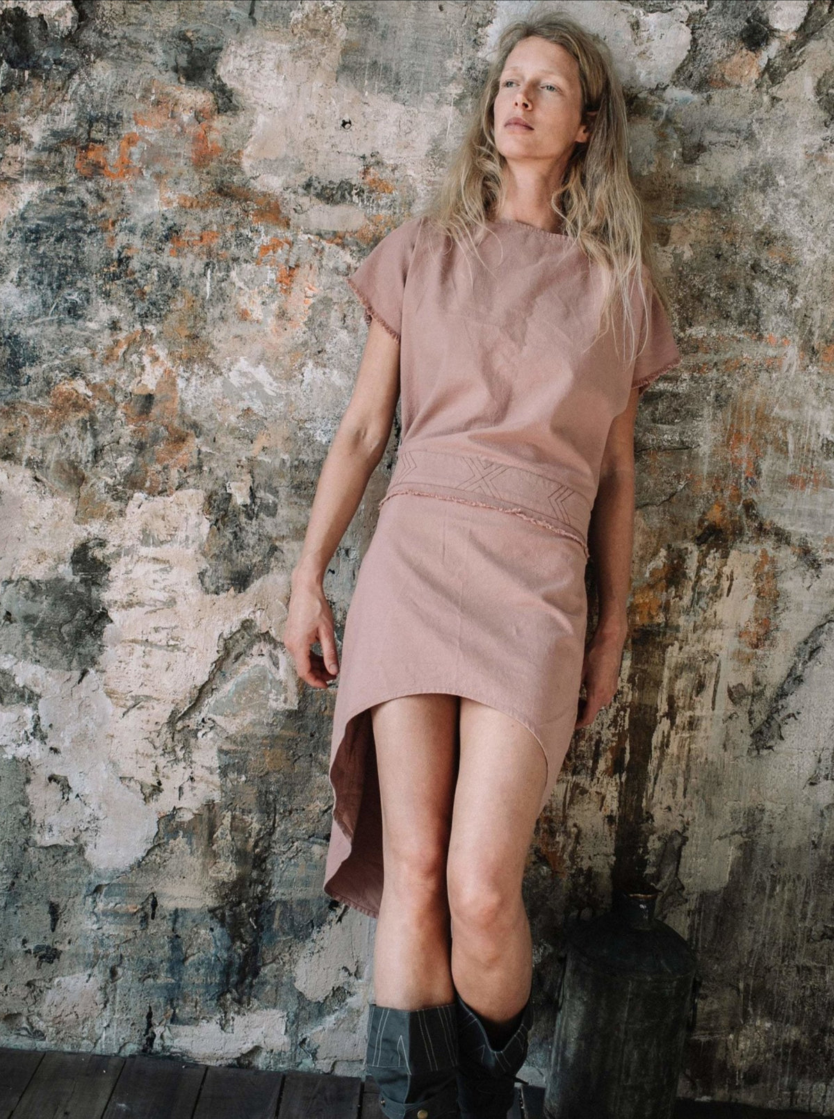 Raw Cotton Asymmetric Mini Dress / Atua Tino / Dusty Rose - ChintamaniAlchemi