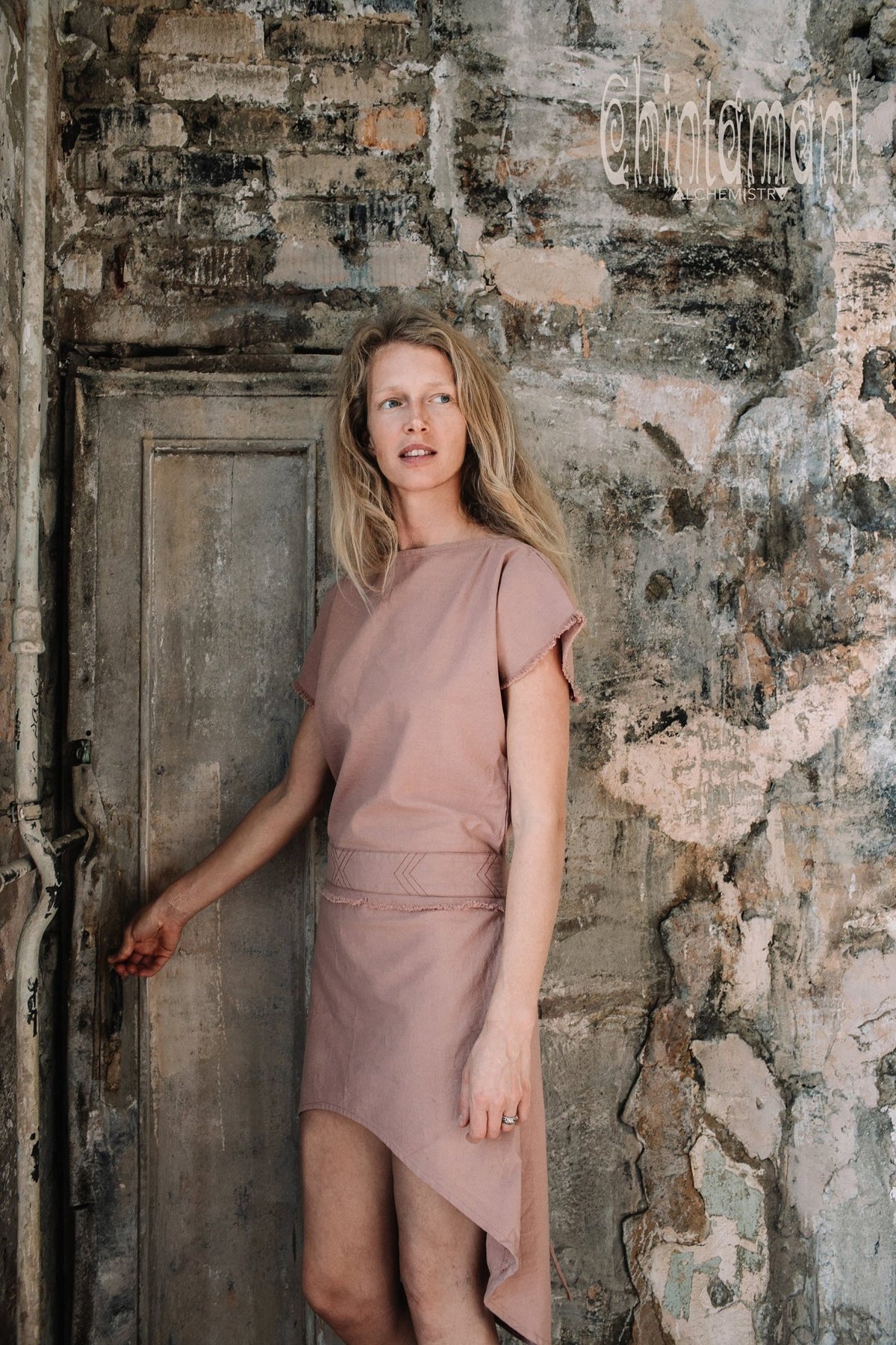 Raw Cotton Asymmetric Mini Dress / Atua Tino / Dusty Rose - ChintamaniAlchemi