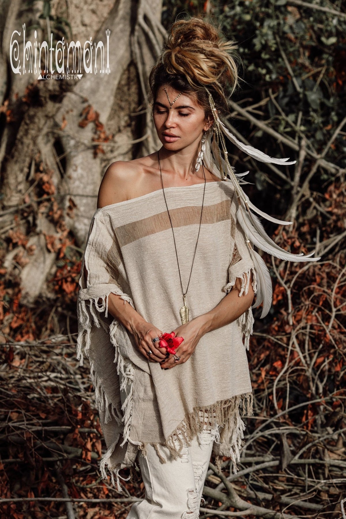 Raw Cotton Bohemian Poncho Top / Off Shoulder / Beige - ChintamaniAlchemi