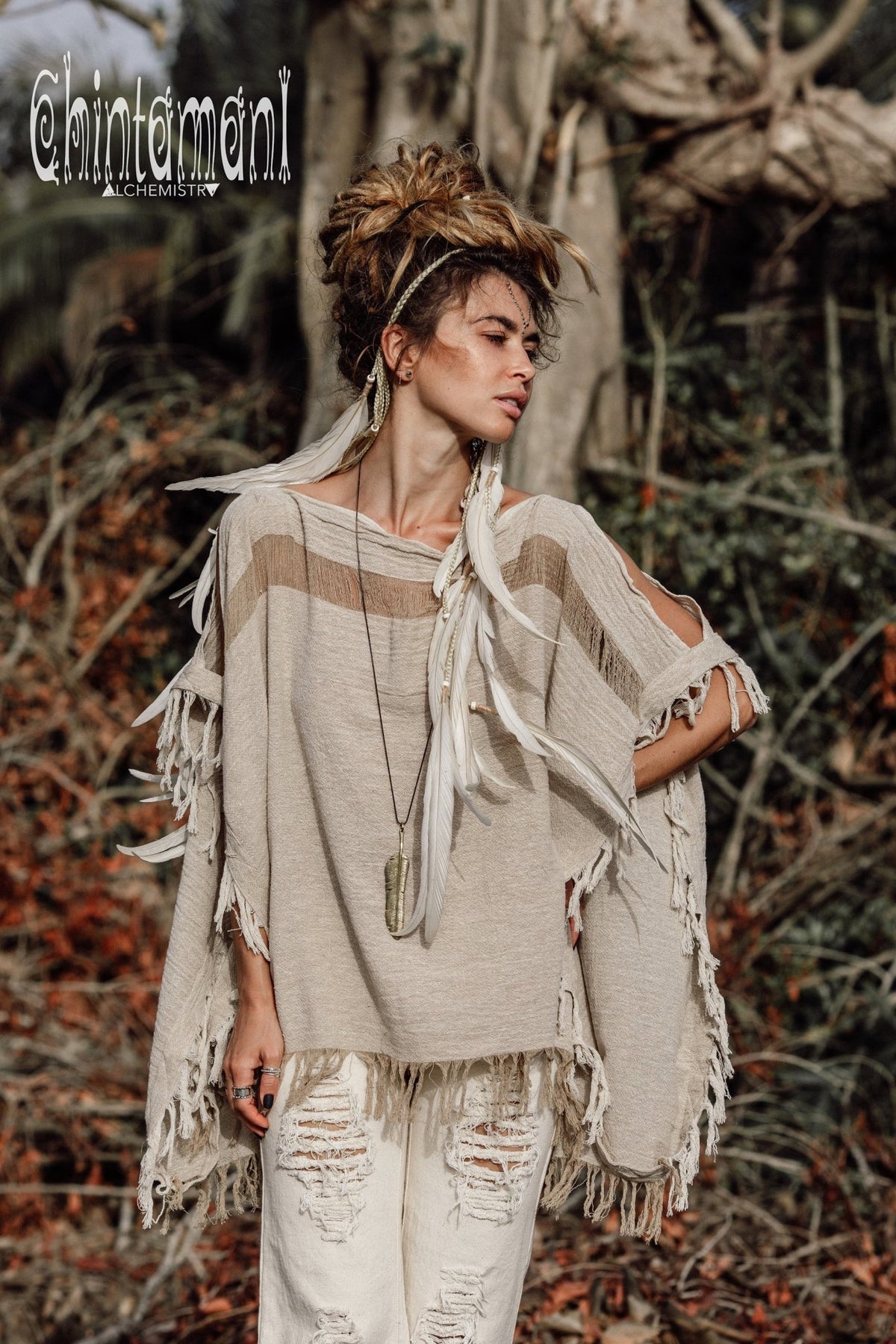 Raw Cotton Bohemian Poncho Top / Off Shoulder / Beige - ChintamaniAlchemi