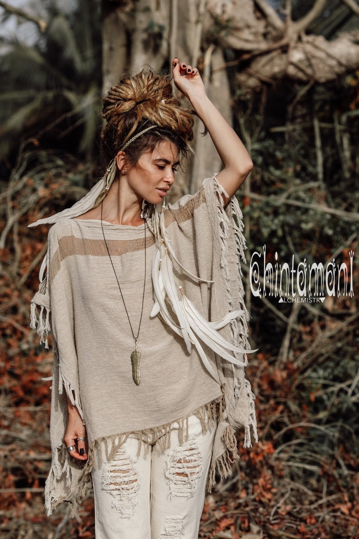 Raw Cotton Bohemian Poncho Top / Off Shoulder / Beige - ChintamaniAlchemi