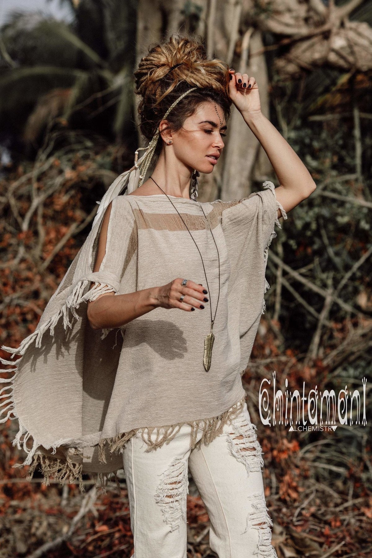 Raw Cotton Bohemian Poncho Top / Off Shoulder / Beige - ChintamaniAlchemi