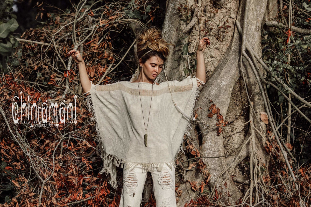 Raw Cotton Bohemian Poncho Top / Off Shoulder / Beige &amp; White - ChintamaniAlchemi