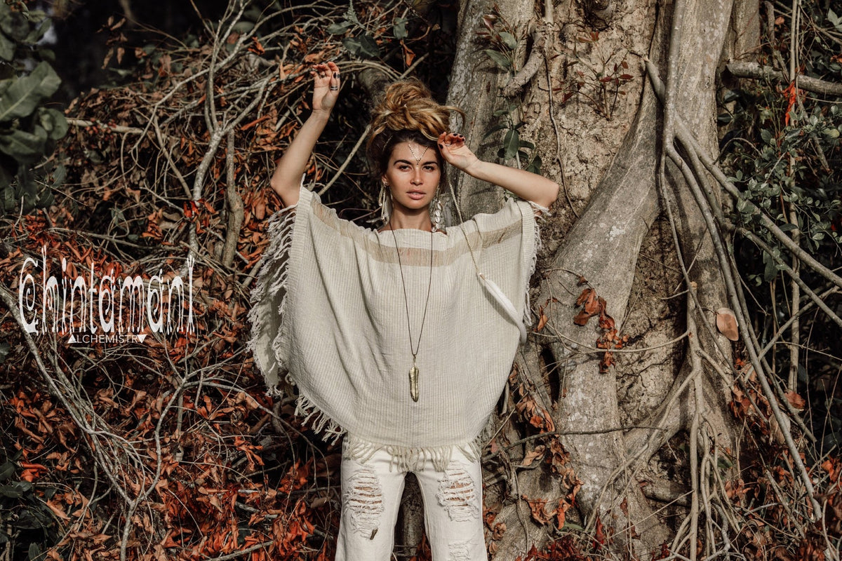 Raw Cotton Bohemian Poncho Top / Off Shoulder / Beige &amp; White - ChintamaniAlchemi