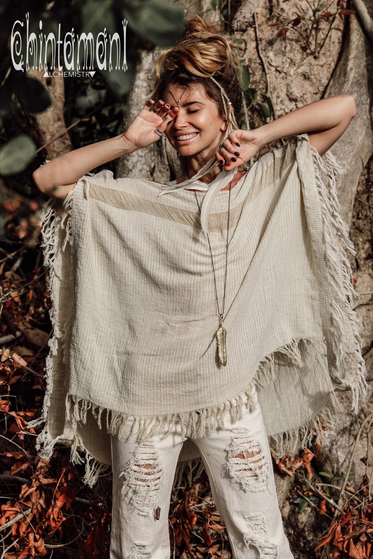 Raw Cotton Bohemian Poncho Top / Off Shoulder / Beige &amp; White - ChintamaniAlchemi