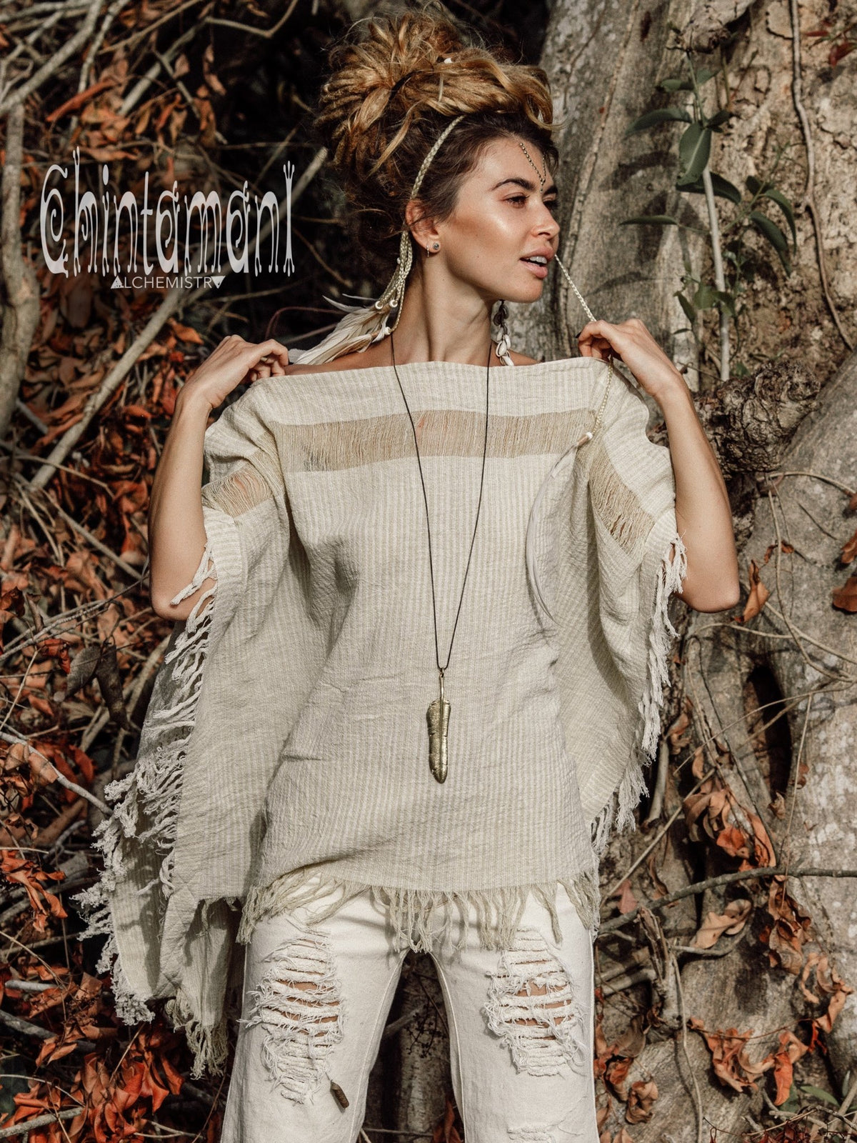 Raw Cotton Bohemian Poncho Top / Off Shoulder / Beige &amp; White - ChintamaniAlchemi