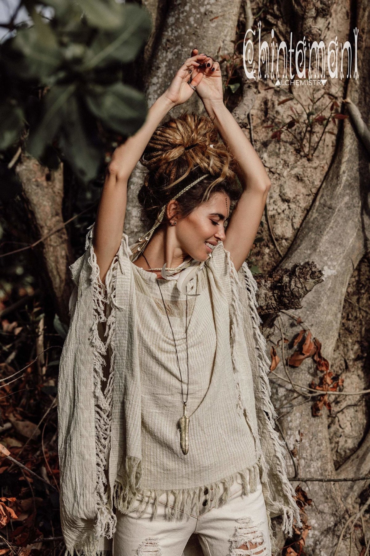 Raw Cotton Bohemian Poncho Top / Off Shoulder / Beige &amp; White - ChintamaniAlchemi