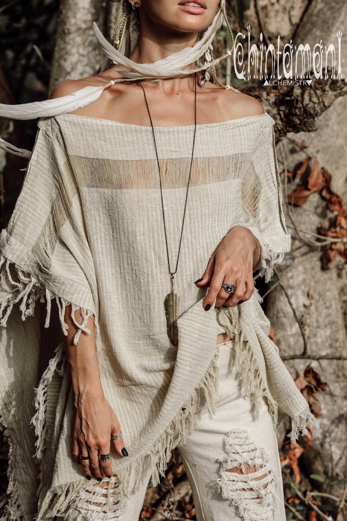 Raw Cotton Bohemian Poncho Top / Off Shoulder / Beige &amp; White - ChintamaniAlchemi