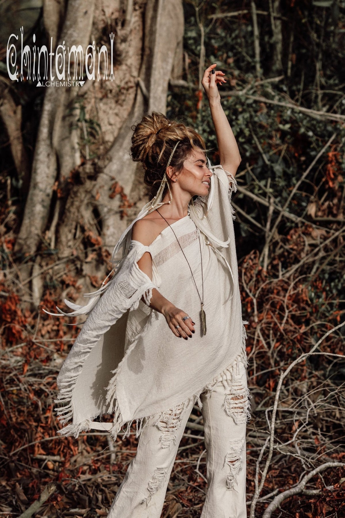 Raw Cotton Bohemian Poncho Top / Off Shoulder / Off White - ChintamaniAlchemi